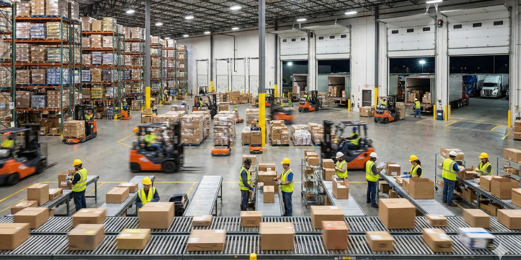 Blick in eine geschäftige Logistikhalle während der Peak Season: Volle Förderbänder, Gabelstapler im Einsatz und hoch frequentierter Warenausgang.